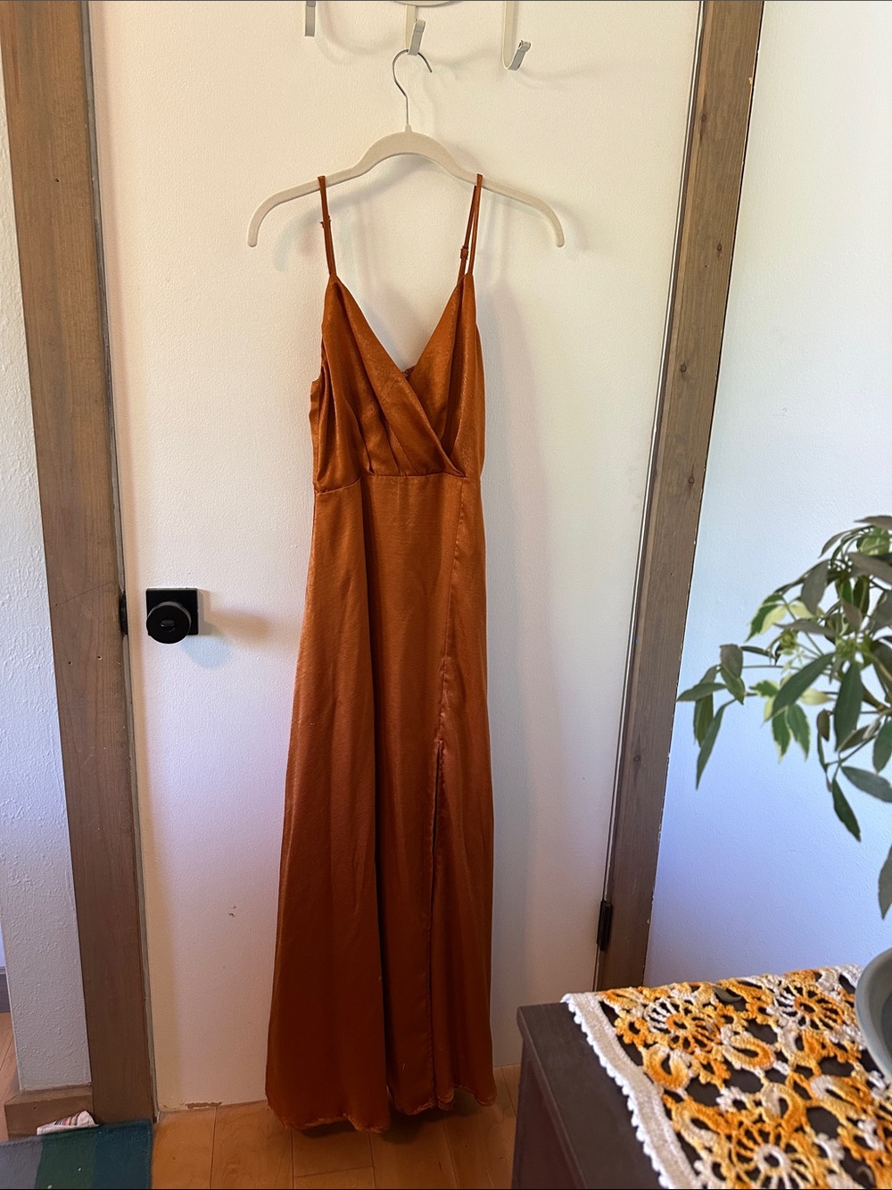 Lulus Rust Orange Satin Spaghetti Strap Maxi Dress